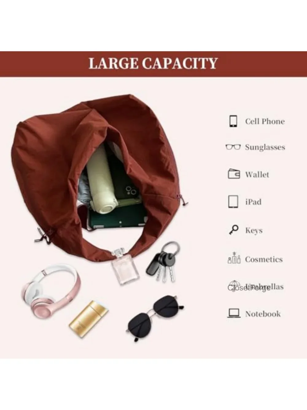Slouchy Nylon Hobo Bag for Women Large Tote Shoulder Travel Gym Beach